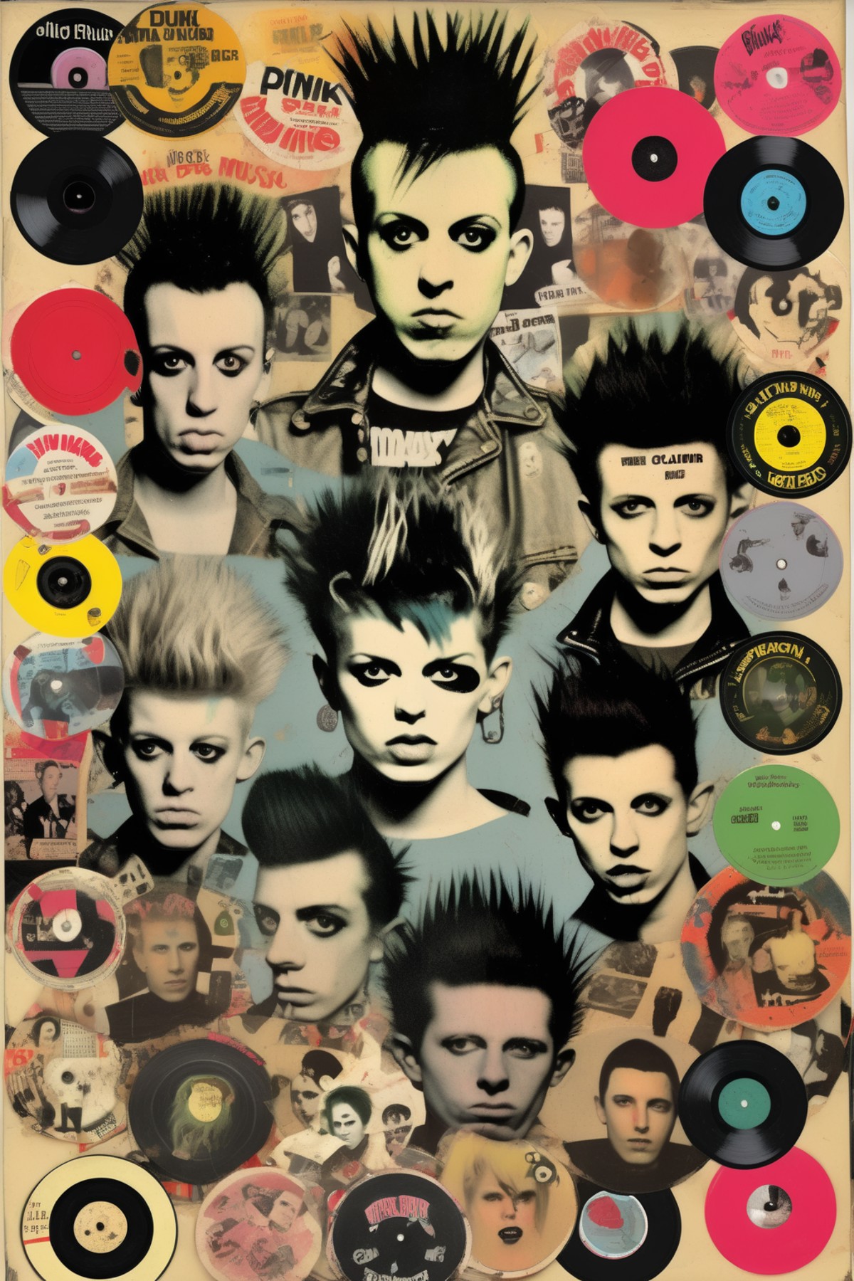 <lora:Punk Collage:1>Punk Collage - A vinyl record with punk band stickers on the cover, highlighting the punk music and v...